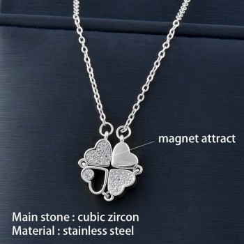  4 Crystal Heart Flower Pendant Stainless Steel Necklace Gold Silver Color Chain